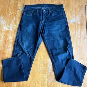 Perry Ellis Mens Jeans 34x32 Dark Wash Straight Fit Cotton Denim Distressed